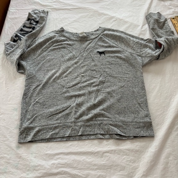 NWOT PINK Victoria’s Secret Heather Gray Sweatshirt logo Stripe Sleeve SZ M - Picture 7 of 12